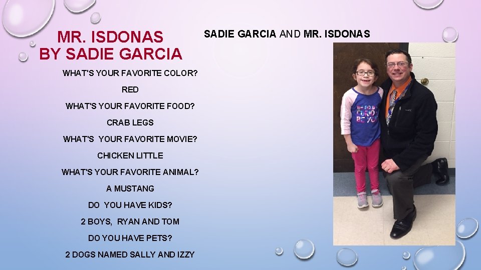 MR. ISDONAS BY SADIE GARCIA WHAT'S YOUR FAVORITE COLOR? RED WHAT'S YOUR FAVORITE FOOD?