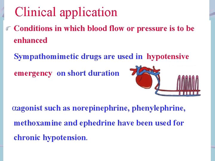 Clinical application Conditions in which blood flow or pressure is to be enhanced Sympathomimetic
