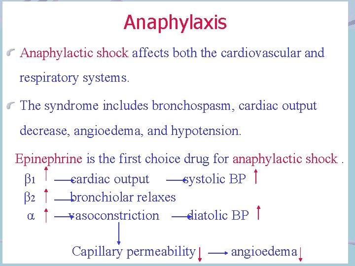 Anaphylaxis Anaphylactic shock affects both the cardiovascular and respiratory systems. The syndrome includes bronchospasm,