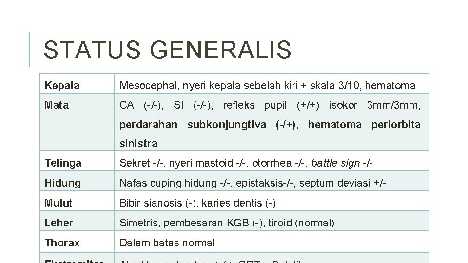 STATUS GENERALIS Kepala Mesocephal, nyeri kepala sebelah kiri + skala 3/10, hematoma Mata CA