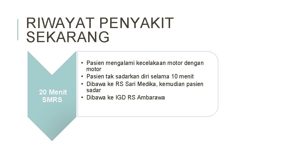 RIWAYAT PENYAKIT SEKARANG 20 Menit SMRS • Pasien mengalami kecelakaan motor dengan motor •