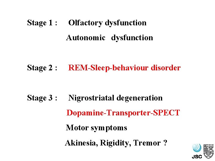 Stage 1 : Olfactory dysfunction 　　　　　　　Autonomic　dysfunction Stage 2 : REM-Sleep-behaviour disorder Stage 3 :