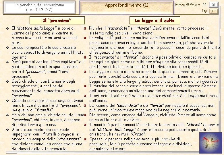 La parabola del samaritano (Lc. 10, 25 -37) Il “prossimo” Il “dottore della Legge”