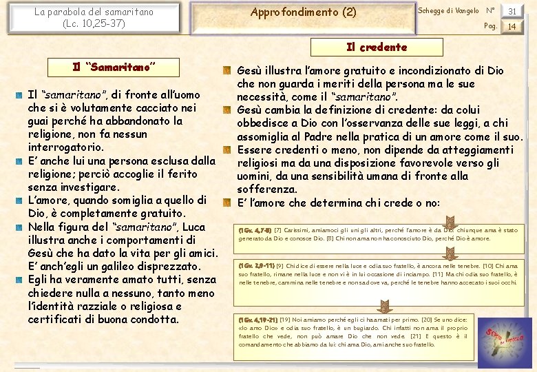 La parabola del samaritano (Lc. 10, 25 -37) Approfondimento (2) Schegge di Vangelo N°