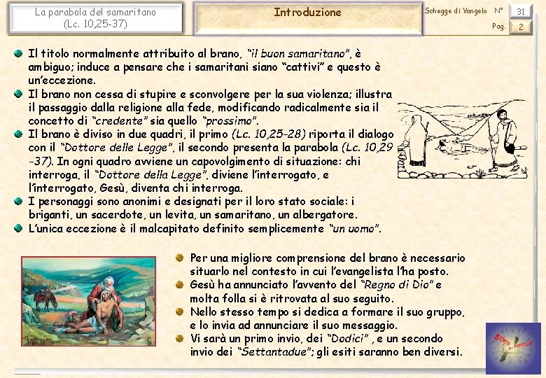 La parabola del samaritano (Lc. 10, 25 -37) Introduzione Schegge di Vangelo Il titolo