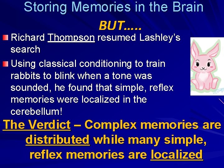 Storing Memories in the Brain BUT…. . Richard Thompson resumed Lashley’s search Using classical