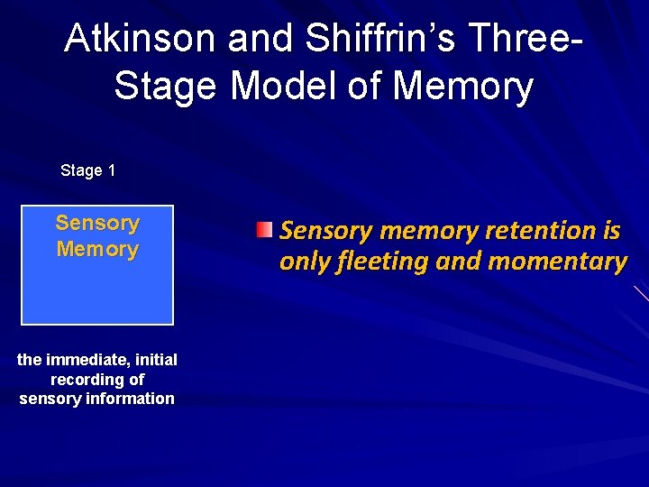 Atkinson and Shiffrin’s Three. Stage Model of Memory Stage 1 Sensory Memory the immediate,