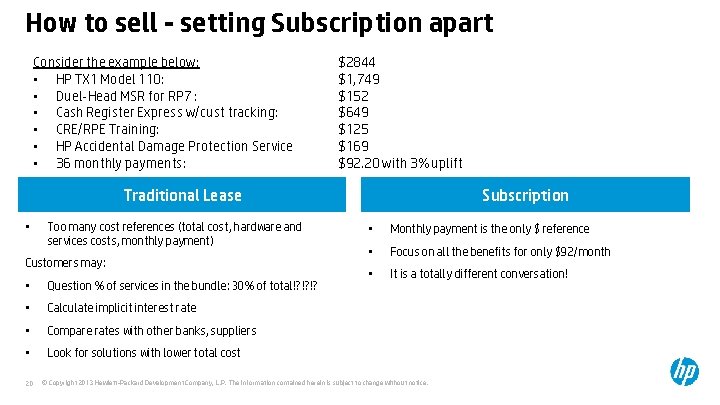 How to sell - setting Subscription apart Consider the example below: • HP TX