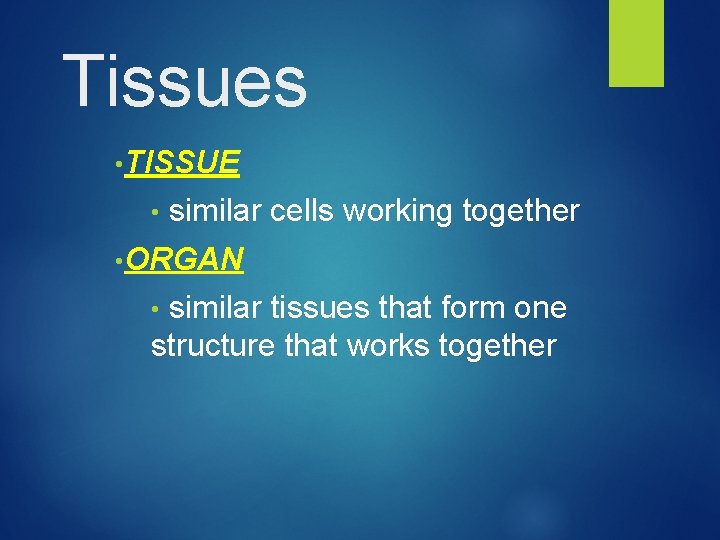 Tissues • TISSUE • similar cells working together • ORGAN • similar tissues that