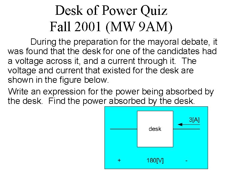Desk of Power Quiz Fall 2001 (MW 9 AM) During the preparation for the