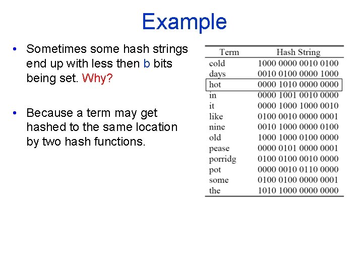Example • Sometimes some hash strings end up with less then b bits being