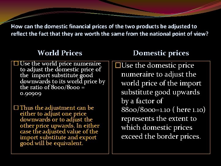 How can the domestic financial prices of the two products be adjusted to reflect
