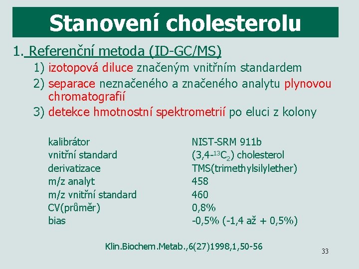 Stanovení cholesterolu 1. Referenční metoda (ID-GC/MS) 1) izotopová diluce značeným vnitřním standardem 2) separace