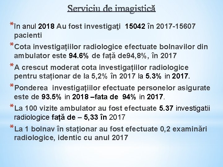 *în anul 2018 Au fost investigaţi 15042 în 2017 -15607 pacienti *Cota investigațiilor radiologice