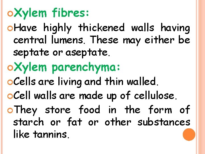  Xylem fibres: Xylem parenchyma: Have highly thickened walls having central lumens. These may