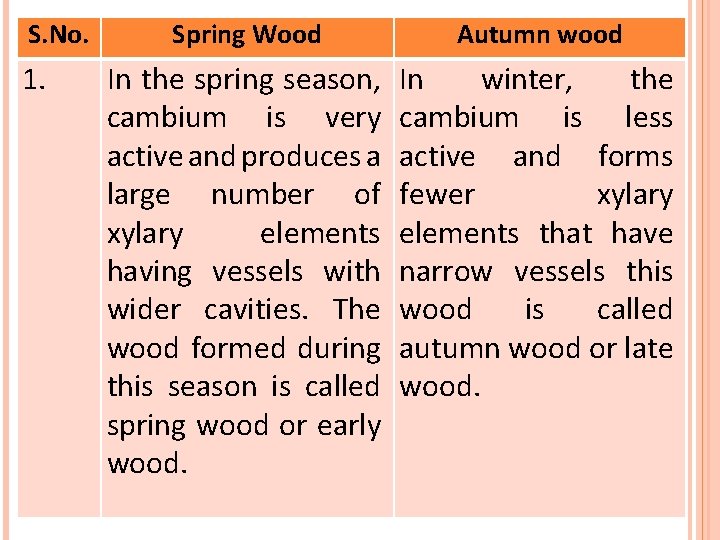 S. No. 1. Spring Wood Autumn wood In the spring season, cambium is very