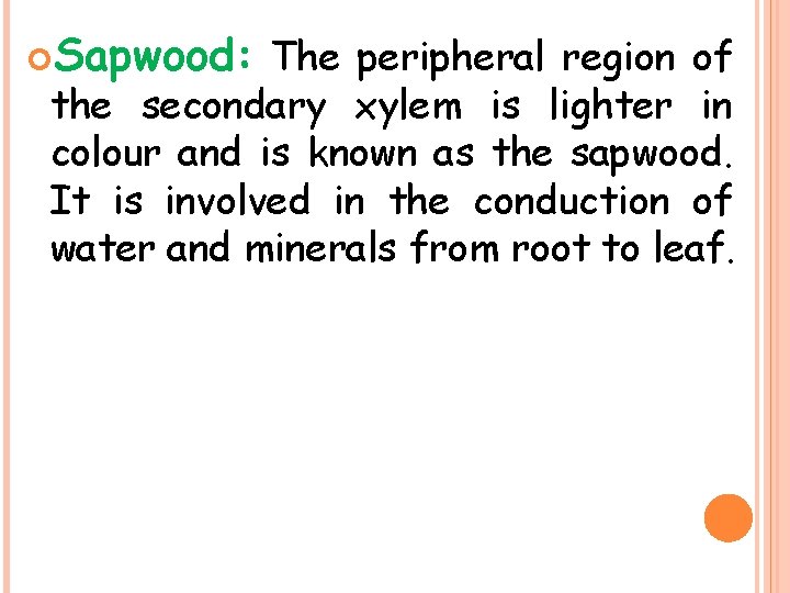  Sapwood: The peripheral region of the secondary xylem is lighter in colour and