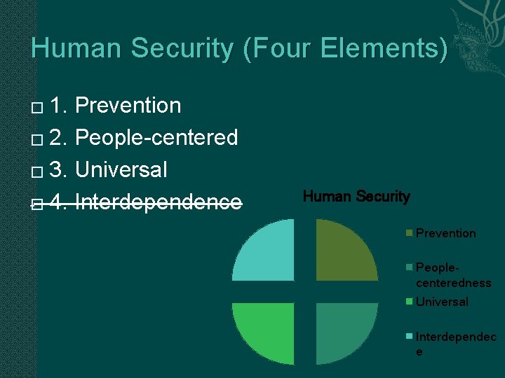 Human Security (Four Elements) 1. Prevention � 2. People-centered � 3. Universal � 4.
