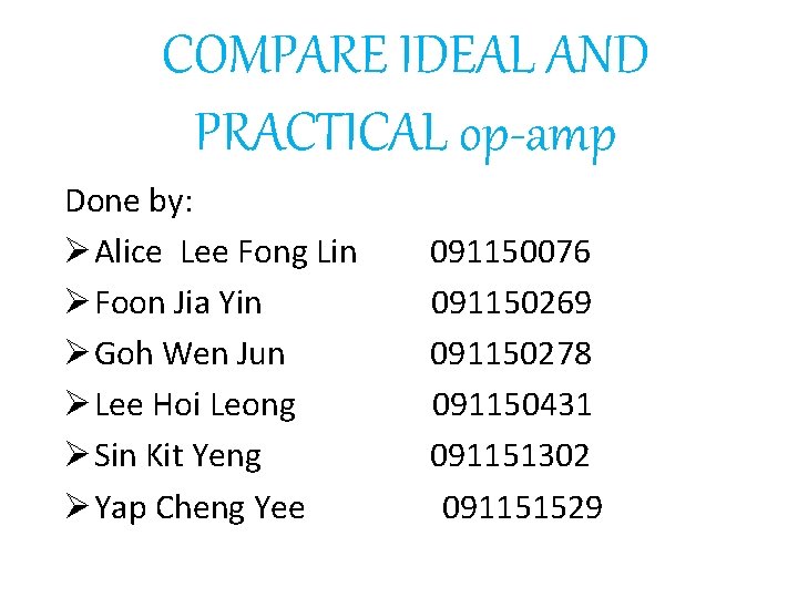 COMPARE IDEAL AND PRACTICAL op-amp Done by: Ø Alice Lee Fong Lin Ø Foon