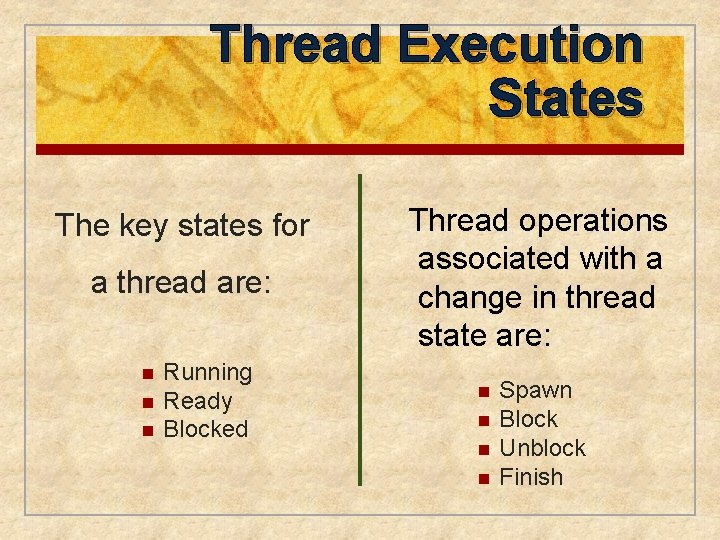 Thread Execution States The key states for a thread are: n n n Running