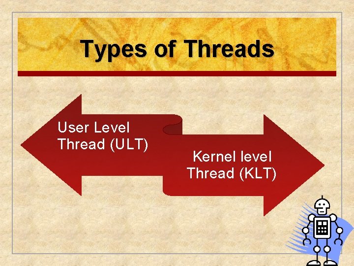 Types of Threads User Level Thread (ULT) Kernel level Thread (KLT) 