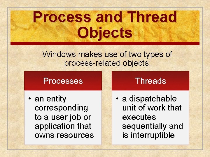 Process and Thread Objects Windows makes use of two types of process-related objects: Processes