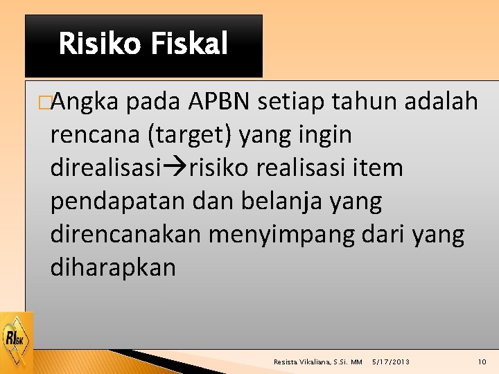 Risiko Fiskal �Angka pada APBN setiap tahun adalah rencana (target) yang ingin direalisasi risiko