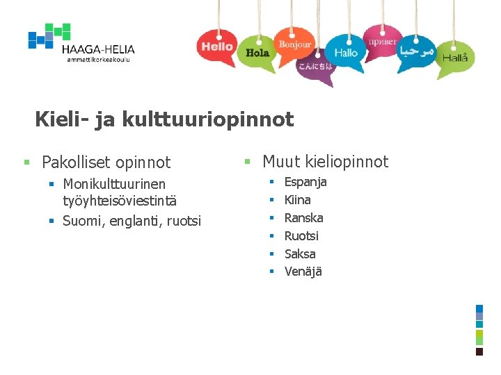 Kieli- ja kulttuuriopinnot § Pakolliset opinnot § Monikulttuurinen työyhteisöviestintä § Suomi, englanti, ruotsi § Kieli- ja kulttuuriopinnot § Pakolliset opinnot § Monikulttuurinen työyhteisöviestintä § Suomi, englanti, ruotsi §