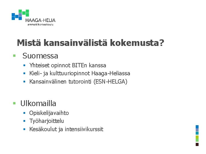 Mistä kansainvälistä kokemusta? § Suomessa § Yhteiset opinnot BITEn kanssa § Kieli- ja kulttuuriopinnot Mistä kansainvälistä kokemusta? § Suomessa § Yhteiset opinnot BITEn kanssa § Kieli- ja kulttuuriopinnot
