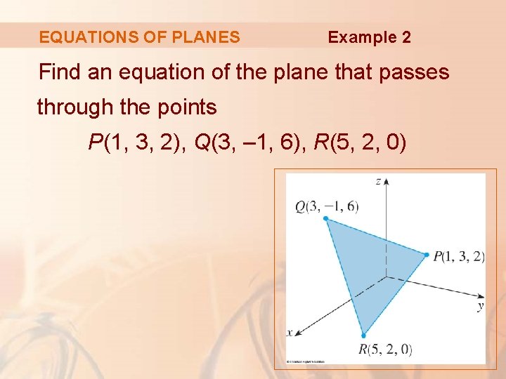 EQUATIONS OF PLANES Example 2 Find an equation of the plane that passes through