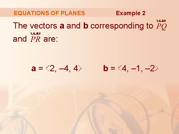 EQUATIONS OF PLANES Example 2 The vectors a and b corresponding to and are:
