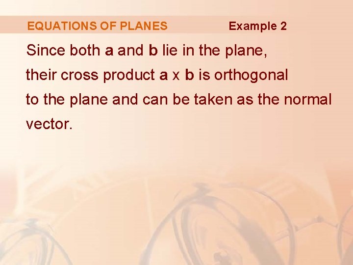 EQUATIONS OF PLANES Example 2 Since both a and b lie in the plane,