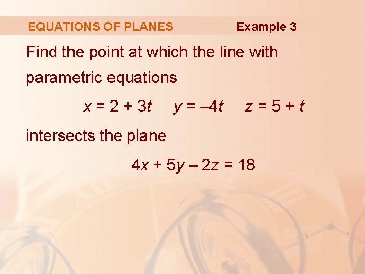 Example 3 EQUATIONS OF PLANES Find the point at which the line with parametric
