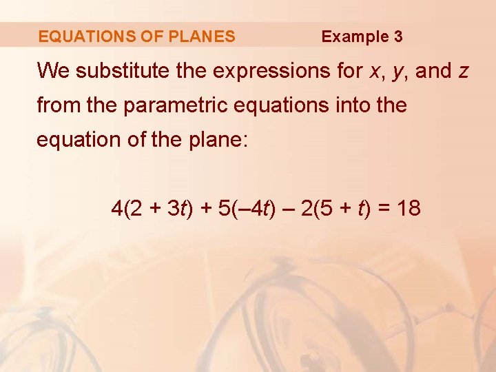 EQUATIONS OF PLANES Example 3 We substitute the expressions for x, y, and z