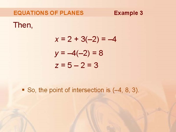 EQUATIONS OF PLANES Example 3 Then, x = 2 + 3(– 2) = –