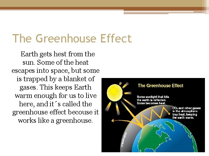 The Greenhouse Effect Earth gets hest from the sun. Some of the heat escapes The Greenhouse Effect Earth gets hest from the sun. Some of the heat escapes