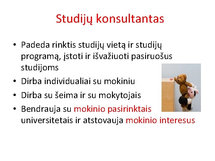 Studijų konsultantas • Padeda rinktis studijų vietą ir studijų programą, įstoti ir išvažiuoti pasiruošus