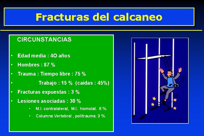 Fracturas del calcaneo CIRCUNSTANCIAS • Edad media : 4 O años • Hombres : Fracturas del calcaneo CIRCUNSTANCIAS • Edad media : 4 O años • Hombres :