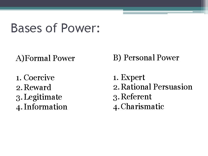 Bases of Power: A)Formal Power B) Personal Power 1. Coercive 2. Reward 3. Legitimate