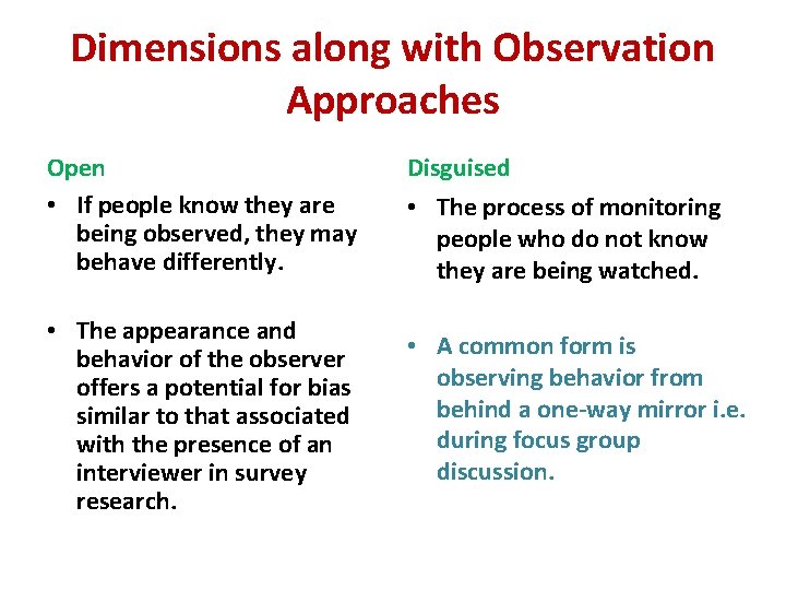 Dimensions along with Observation Approaches Open • If people know they are being observed,