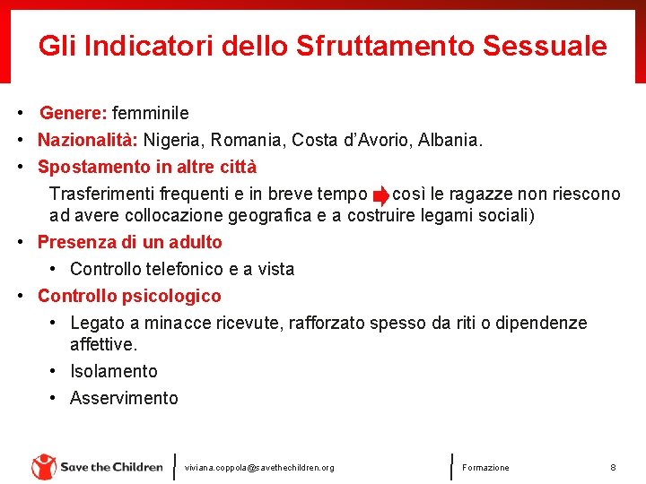 Gli Indicatori dello Sfruttamento Sessuale • Genere: femminile • Nazionalità: Nigeria, Romania, Costa d’Avorio, Gli Indicatori dello Sfruttamento Sessuale • Genere: femminile • Nazionalità: Nigeria, Romania, Costa d’Avorio,
