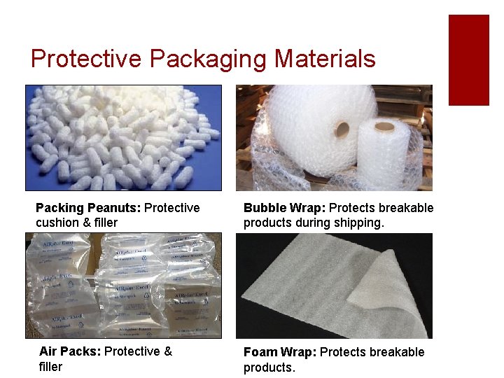 Protective Packaging Materials Packing Peanuts: Protective cushion & filler Bubble Wrap: Protects breakable products