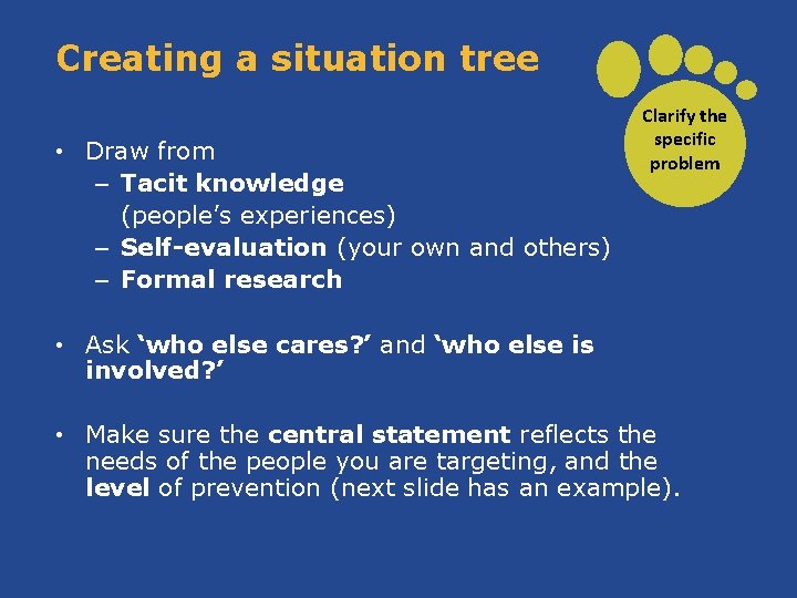 Creating a situation tree • Draw from – Tacit knowledge (people’s experiences) – Self-evaluation