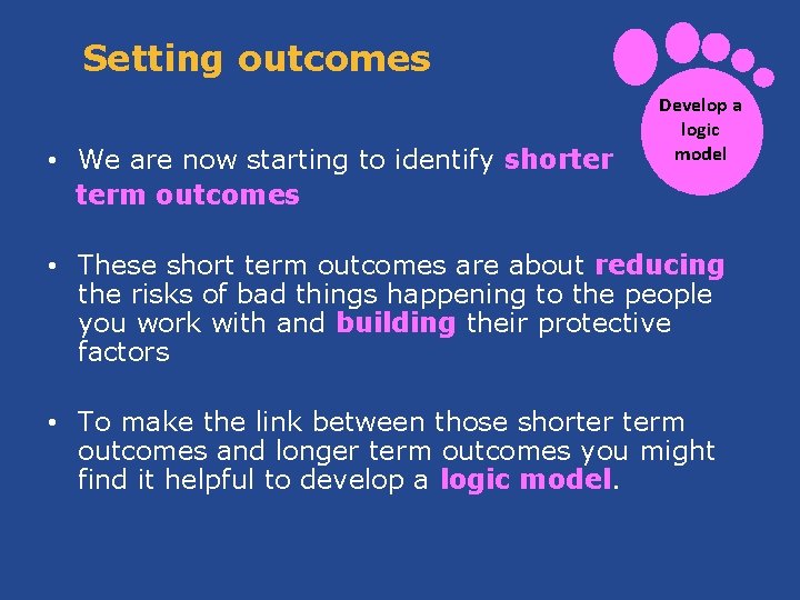 Setting outcomes • We are now starting to identify shorter term outcomes Develop a