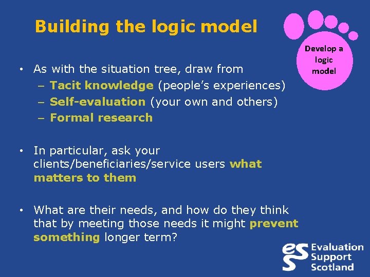 Building the logic model • As with the situation tree, draw from – Tacit