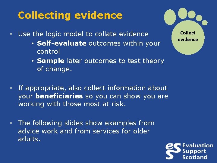 Collecting evidence • Use the logic model to collate evidence • Self-evaluate outcomes within