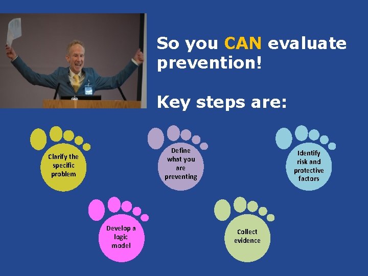 So you CAN evaluate prevention! Key steps are: Define what you are preventing Clarify