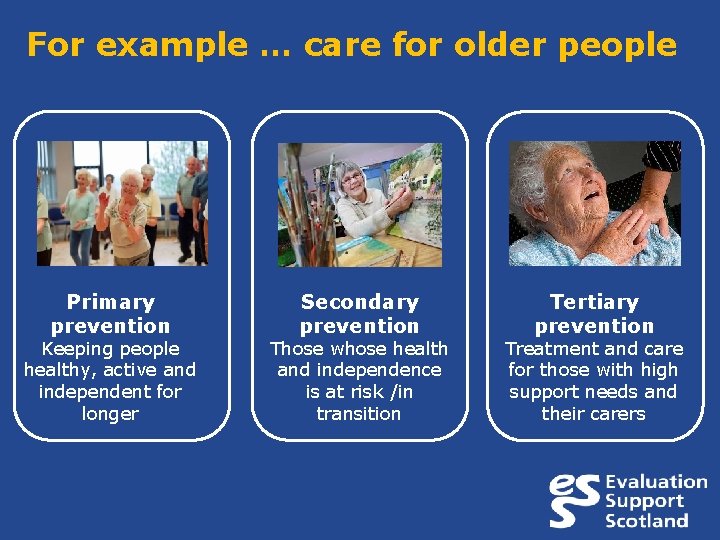 For example … care for older people Primary prevention Keeping people healthy, active and