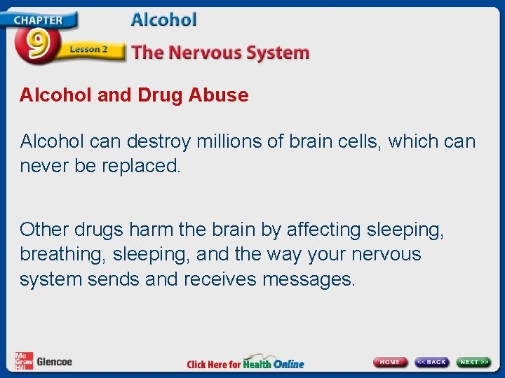 Alcohol and Drug Abuse Alcohol can destroy millions of brain cells, which can never