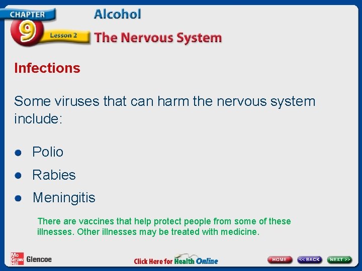 Infections Some viruses that can harm the nervous system include: Polio Rabies Meningitis There